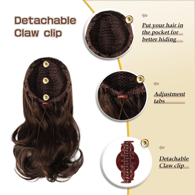 SOFEIYAN 13" Ponytail Extension Long Curly Ponytail Clip in Claw Hair Extension Natural Looking Synthetic Hairpiece for Women, Black/Medium Chestnut Brown Mix - Image 4